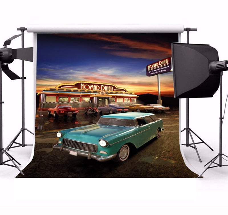 Yeele 8x8ft Retro Nostalgia 50S 60S Backdrop Vintage Eatery Dinner Motorcycle Car Party Banner Photography Background Girl Boy Adult Portrait Photo Booth Shooting Photocall Studio Props Y2BK06024 - Image 1